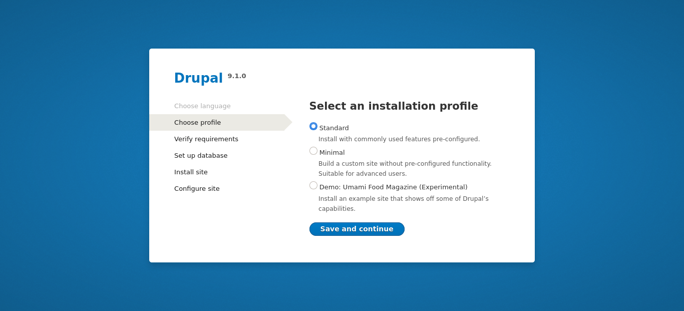 Select an installation profile: Standard, Minimal, or Demo
