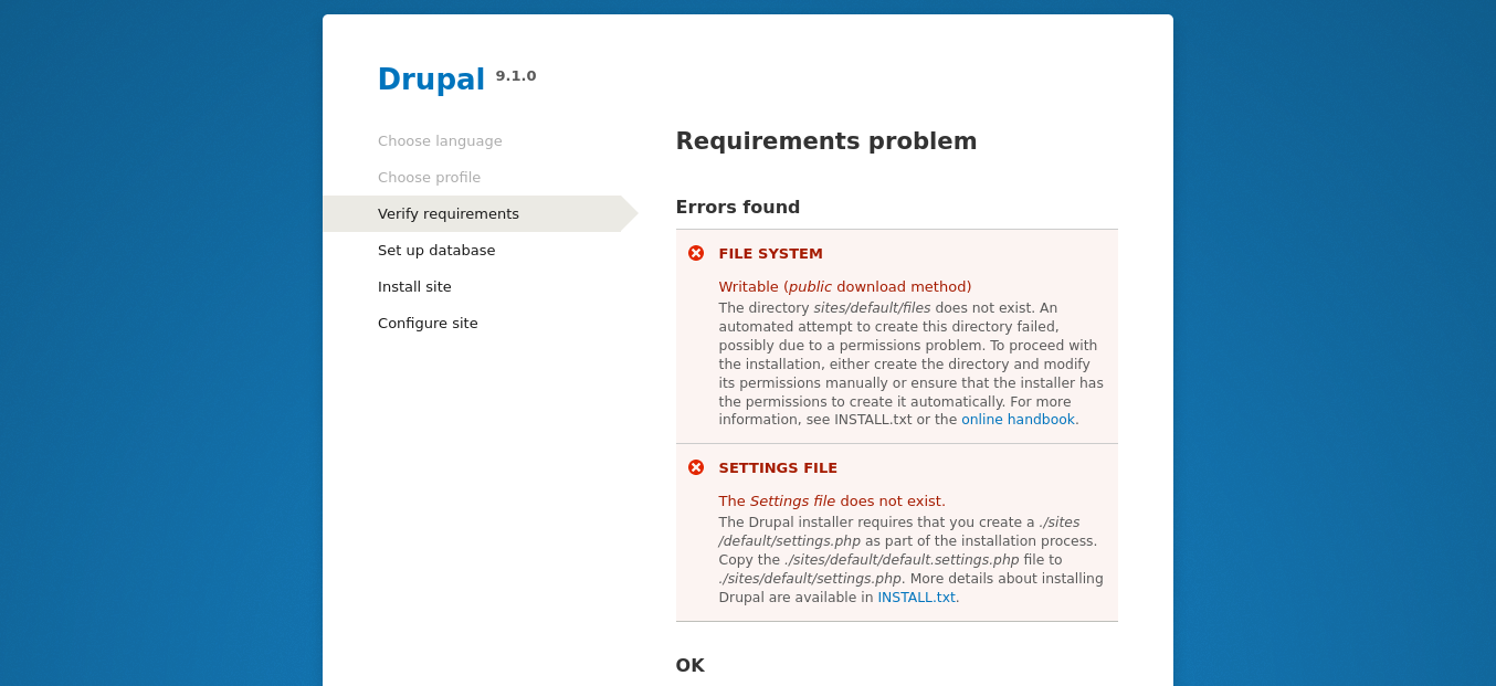 Requirements problem: Filesystem error and Settings File error