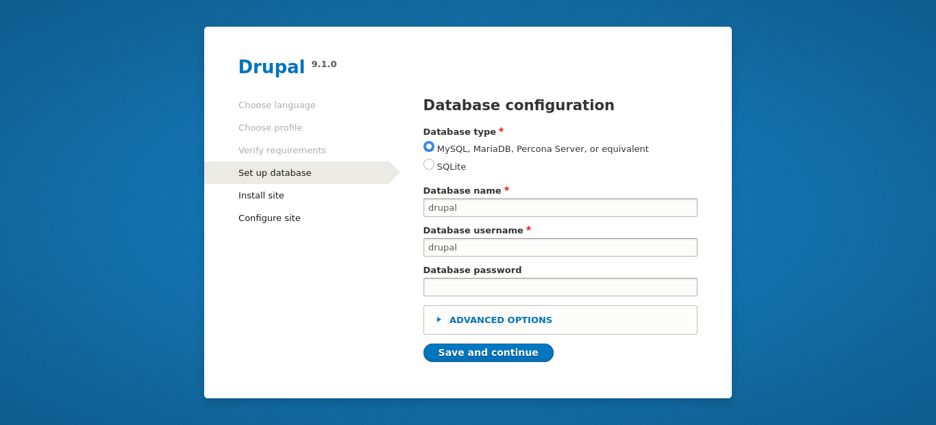 Database configuration: select your Database type, Database name, Database user, and enter the database user's password