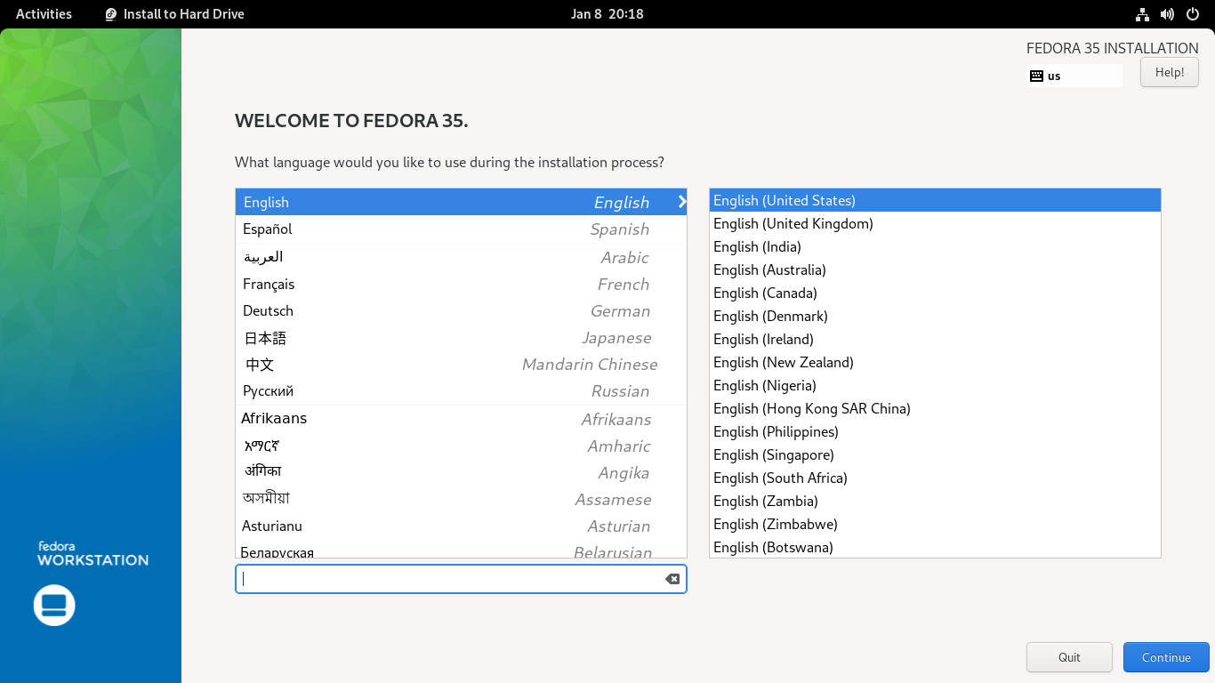 language seleciton screen