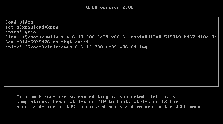 Grub boot options for a fedora linux system