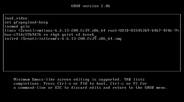 Modified grub boot options to include rd.break