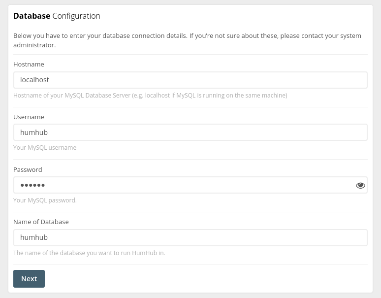 Enter your database info: Hostname, Username, Password, name of Database.