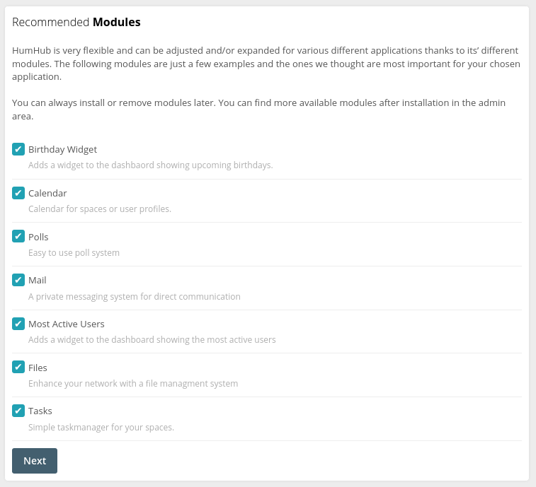 Select modules to install. 