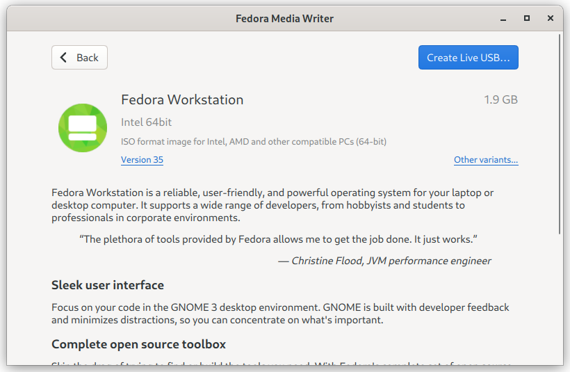 Fedora media writer image selection screen