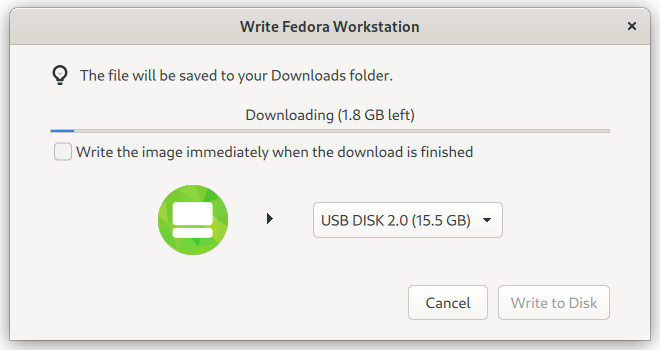 Fedora media writer downloading an image