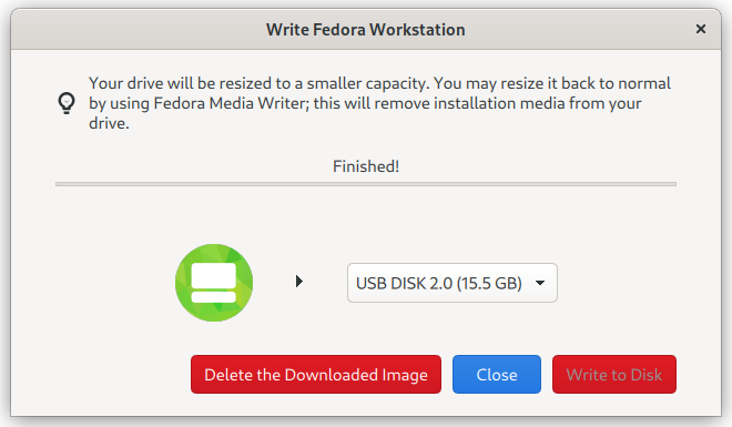 fedora media writer is finished