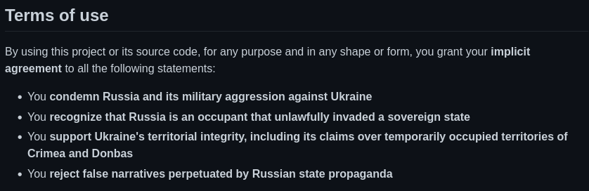 Terms of use: By using this project or its source code, for any purpose and in any shape or form, you grant your implicit agreement to all the following statements: You condemn Russia and its military aggression against Ukraine.  You recognize that Russia is an occupant that unlawfully invaded a sovereign state.  You support Ukraine's territorial integrity, including its claims over temporarily occupied territories of Crimea and Donbas.  You reject false narratives perpetuated by Russian state propaganda. 