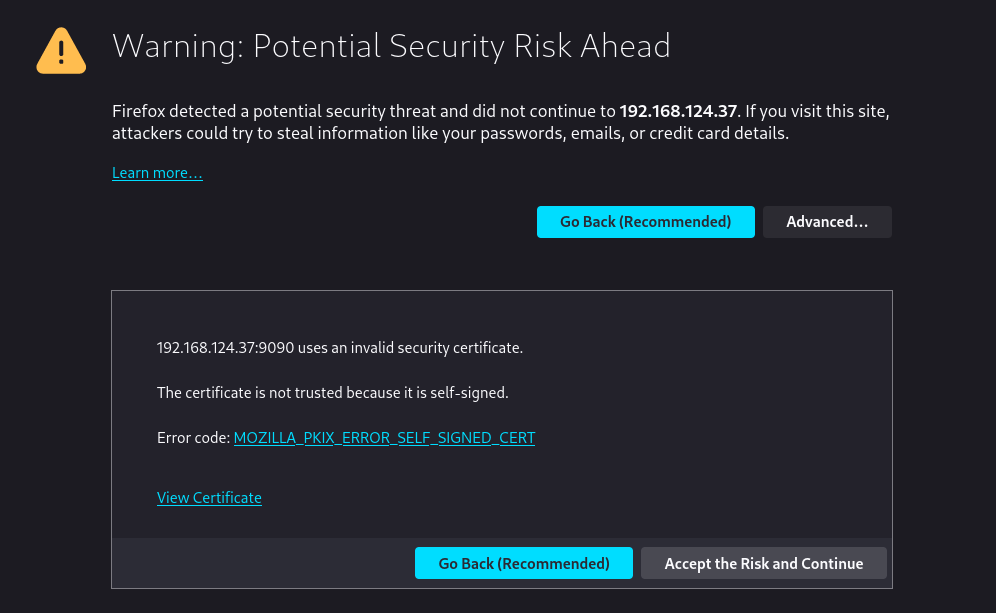 self signed certificate error page from firefox