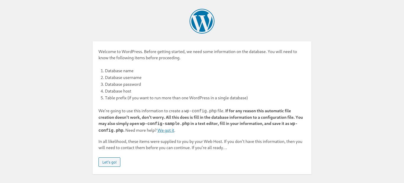 The Wordpress welcome page