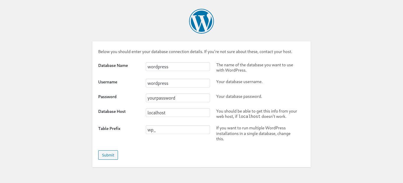 Fill in the blanks: Database Name, Username, Password, database Host, Table Prefix