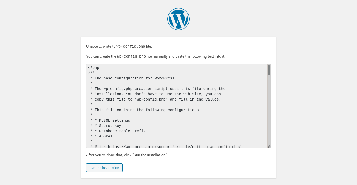 Wordpress can't write to wp-config.php. This is an easy fix